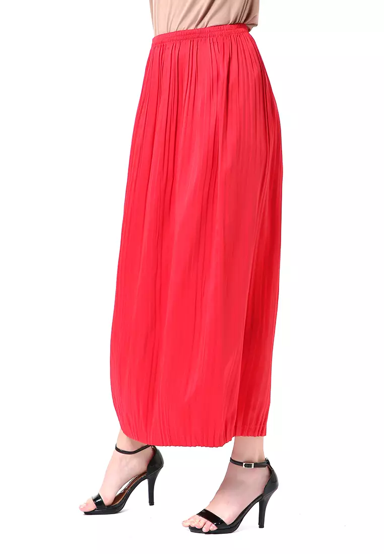 Angely Rok Plisket Rubbery Waist Fashion Wanita Simple - Merah