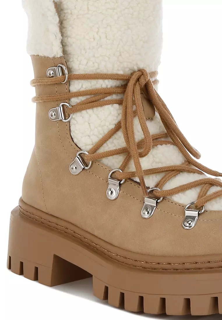 Fleece & Faux Leather Boots in Tan