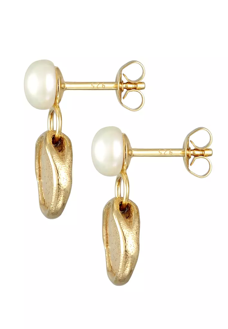 Anting Perhiasan Perak 925 Wanita Ear Hanger Organic Coin Freshwater Pearl Gold Plated