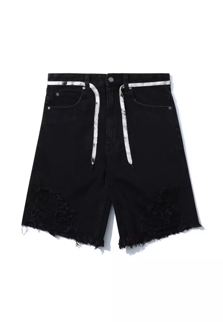 Mens distressed denim shorts on sale black