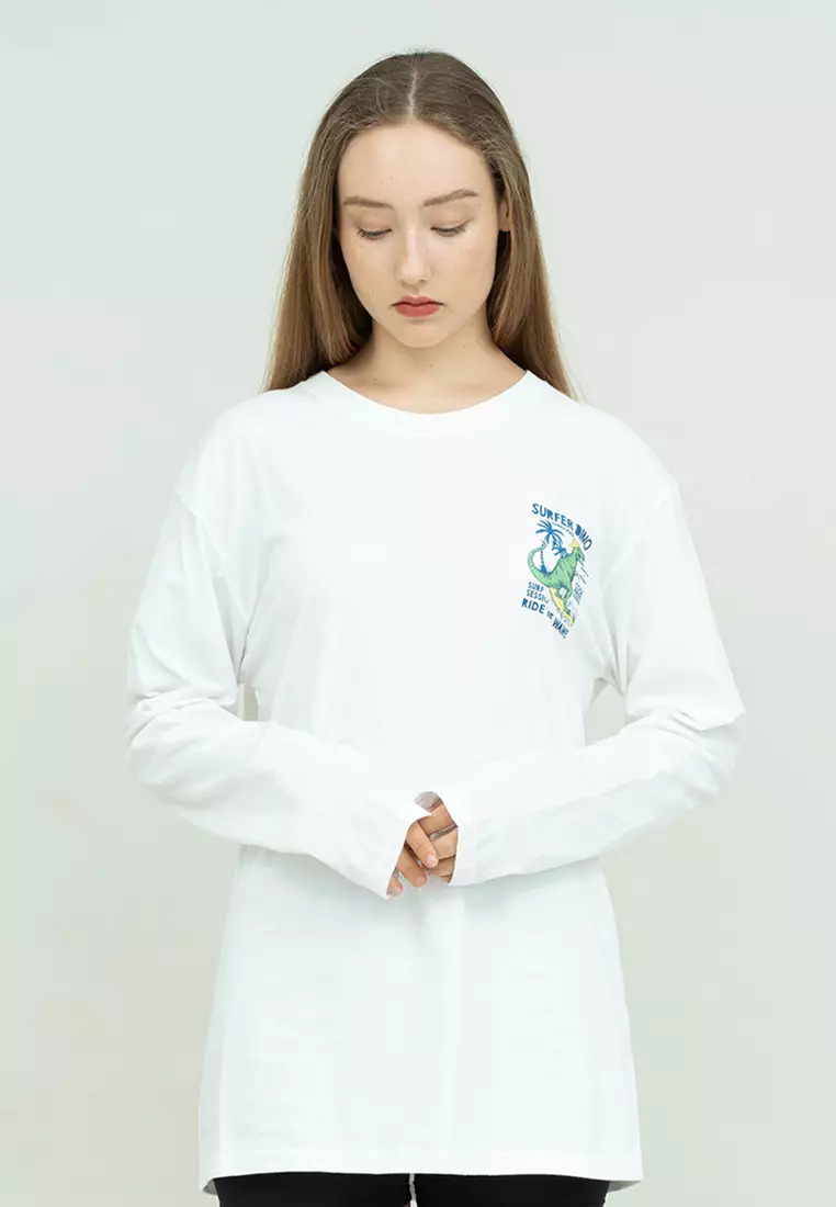 Kaos cotton combed lengan panjang wanita putih houseofcuff surfer dino