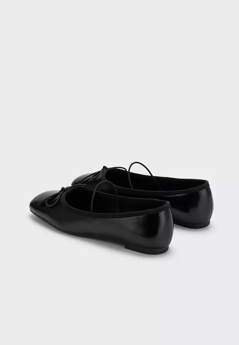 SQUARE TOE BALLET FLATS WITH STRAP & RIBBON