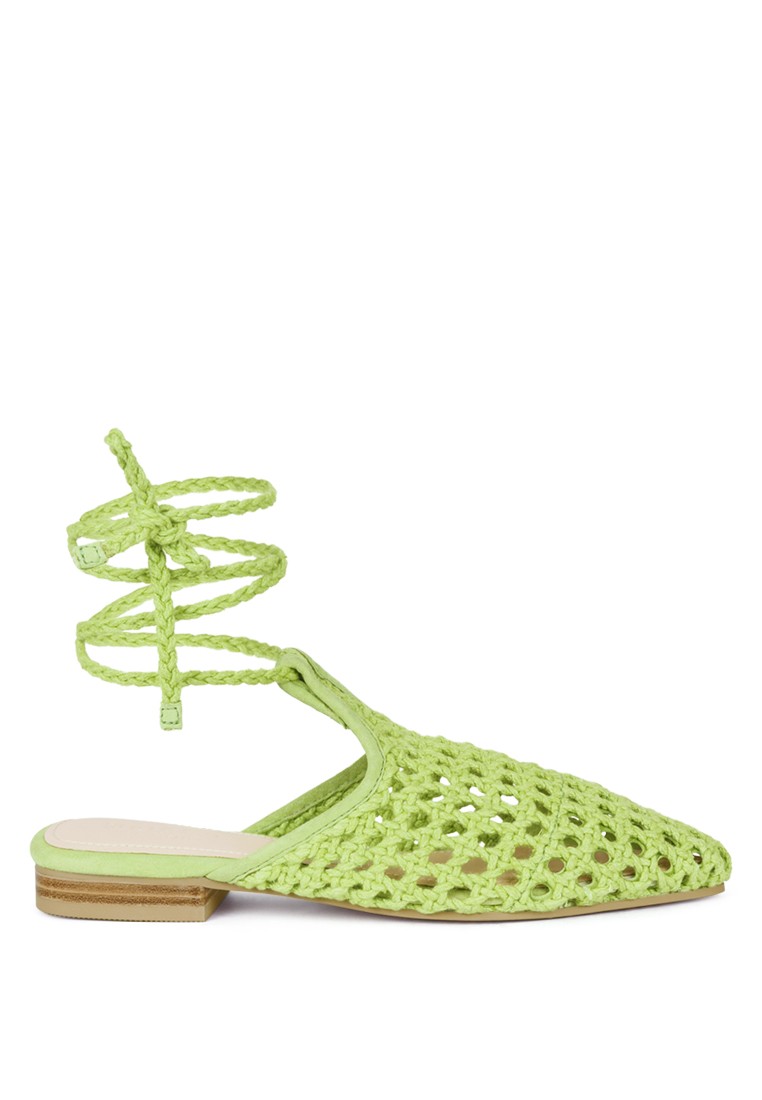 Green Handwoven Honeycomb Cotton Tie Up Mule Flats