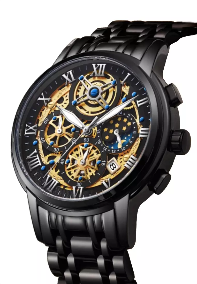 Skeleton Unisex IP Black Stainless Steel Chronograph Quartz watch 42mm on IP Black Steel Bracelet