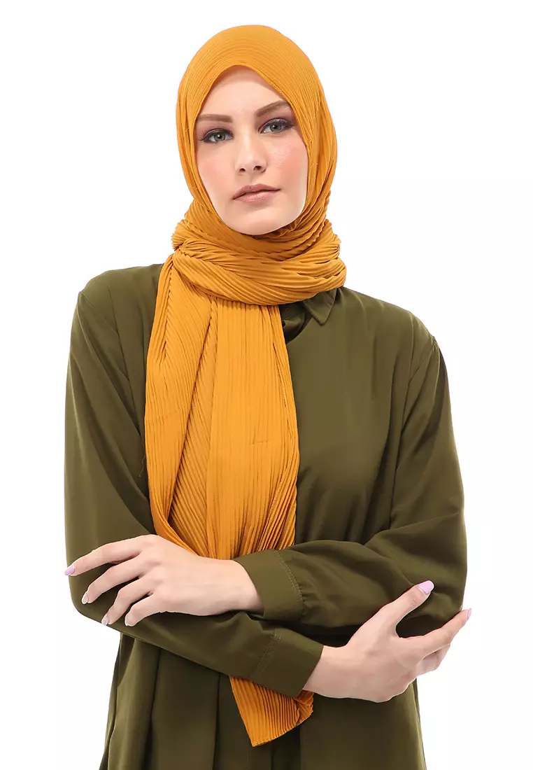 Melissa Pashmina Plisket Garis Hijab Wanita Relaxed Fit - Mustard