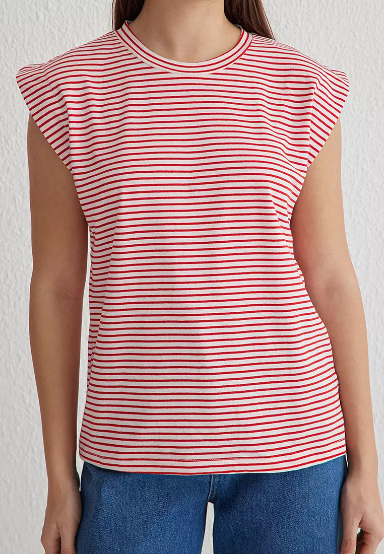 Red Striped Striped Padded Look Basic Crew Neck Knitted T-Shirt