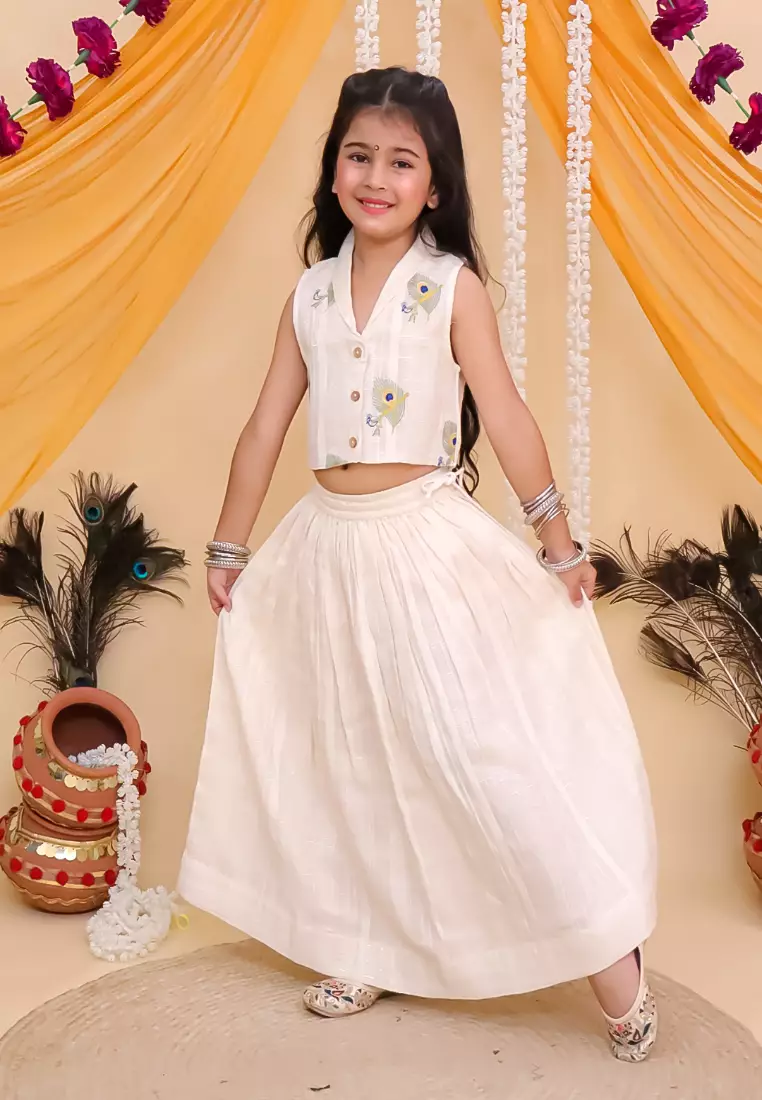 The Mom Store Mayur Dhaga Girls Embroidered Lehenga Set - White