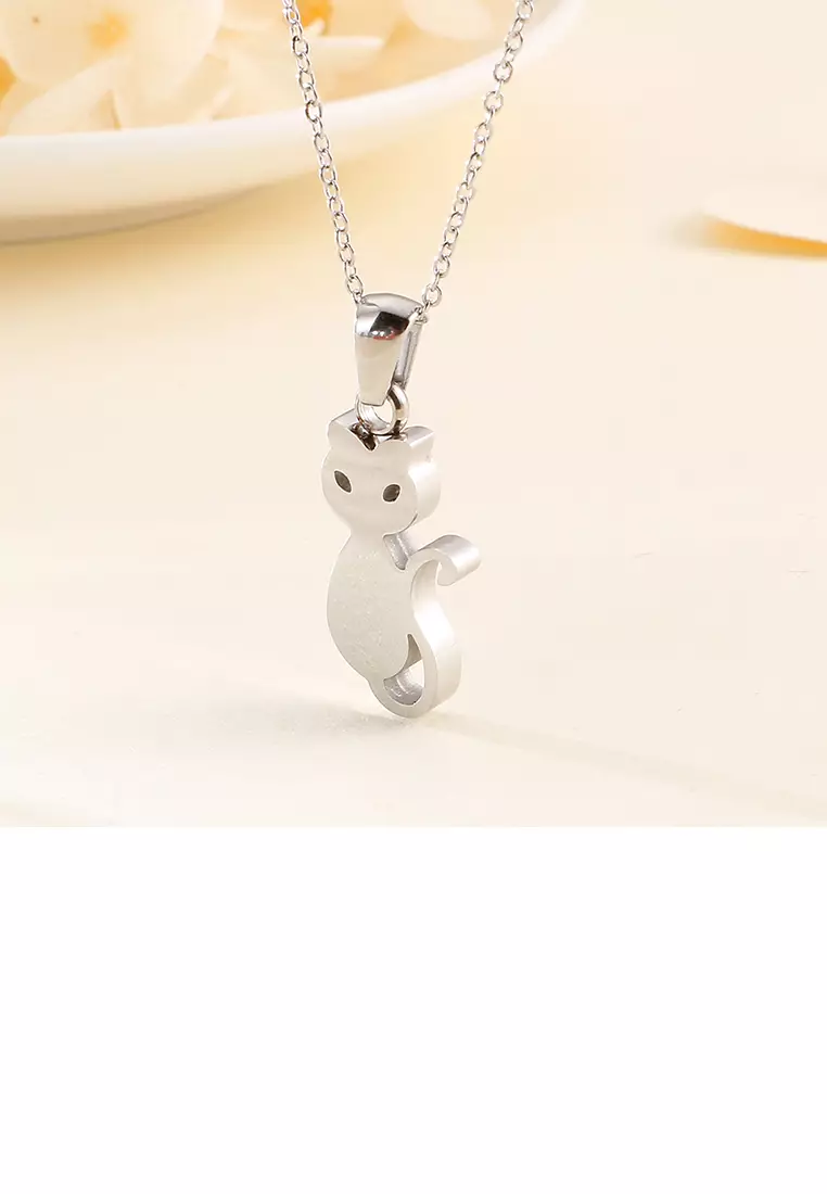 Simple and Cute Cat 316L Stainless Steel Necklace and Stud Earrings Set