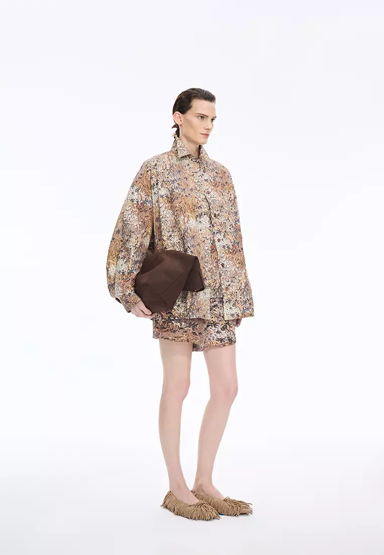 混纺图案元素阔腿卷边短裤