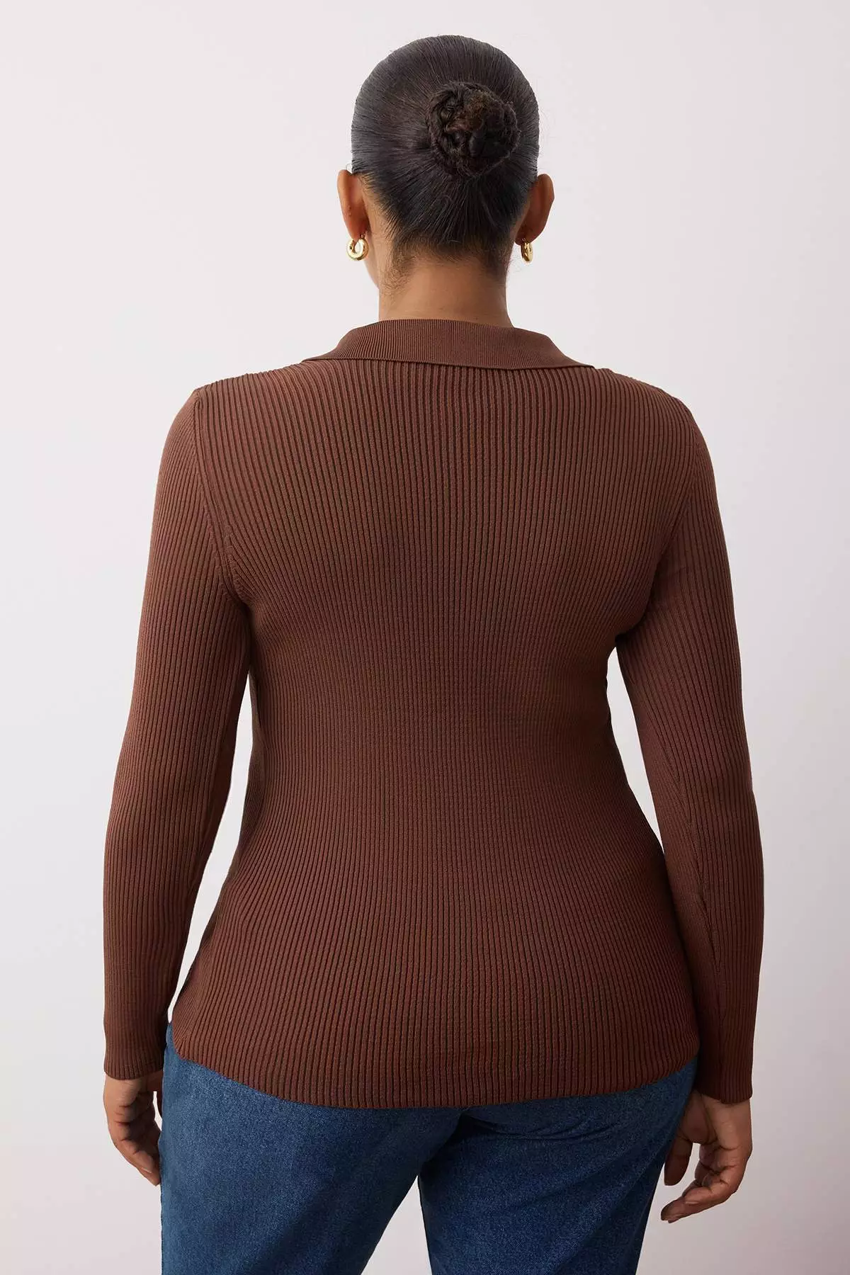Brown Polo Neck Ribbed Slim Knitwear Blouse Tbbaw26Af00001