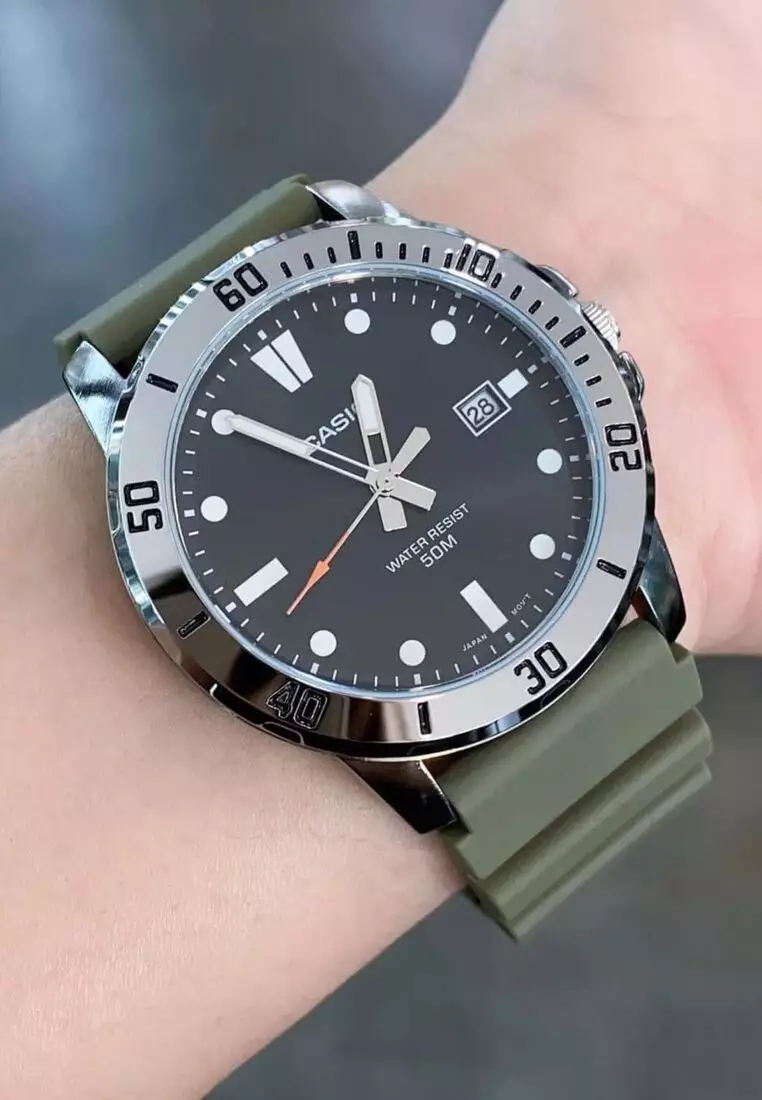 Men's Analog Watch MTP-VD01-3EV Army Green Resin Band