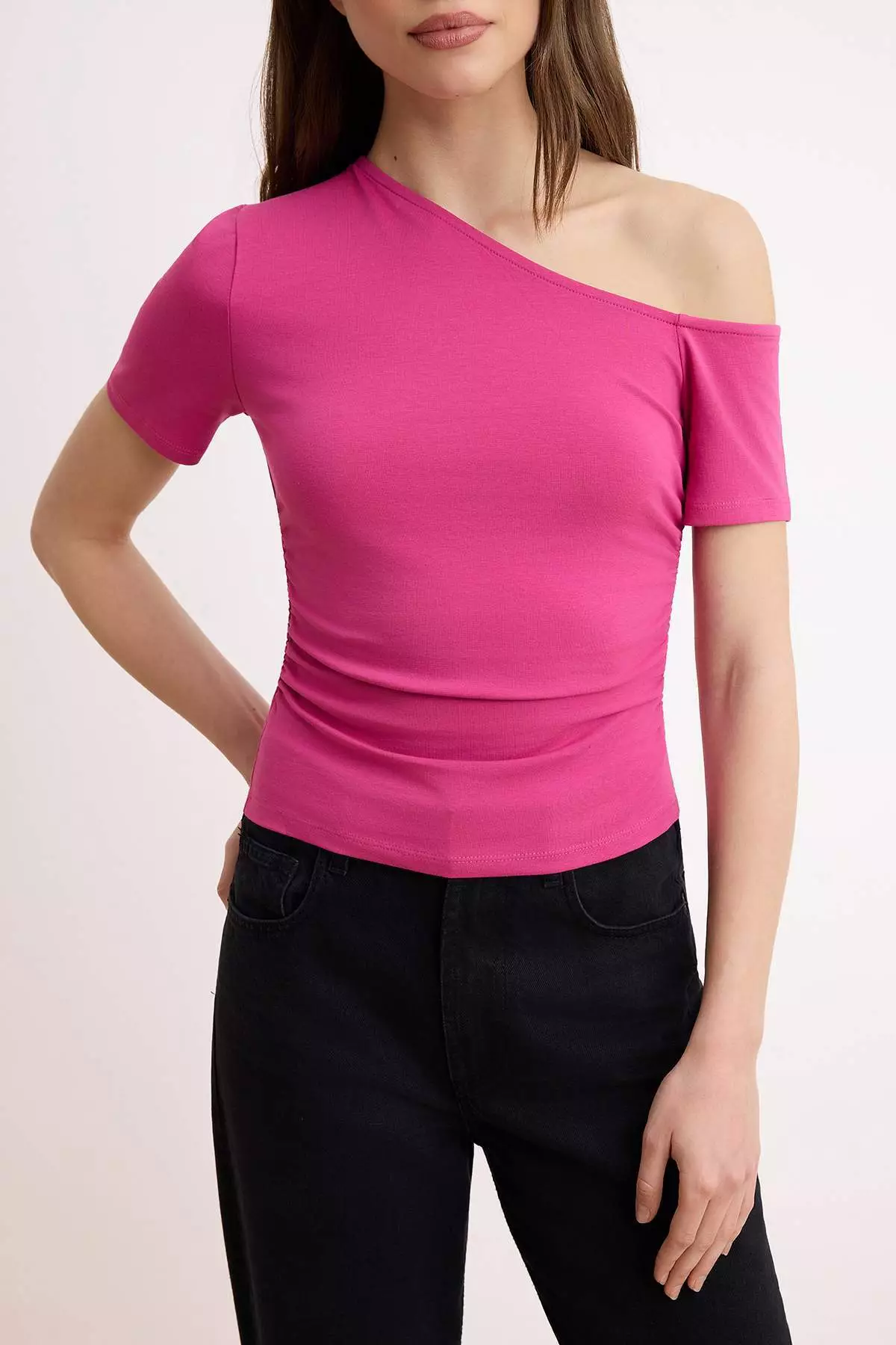 Fuchsia Shirred Asymmetric Neckline Stretchy Knitted Blouse Twoss24Bz73
