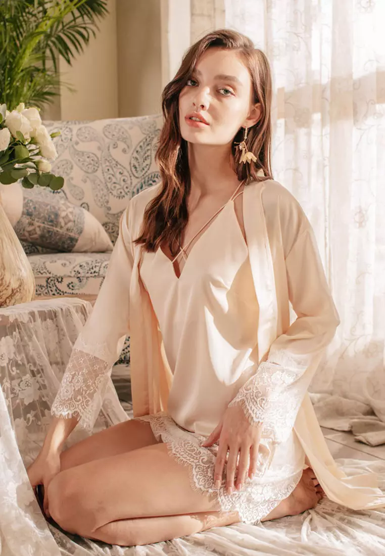 Buy ZITIQUE Women's Sexy Lace Pajamas Two Piece Set Beige 2025