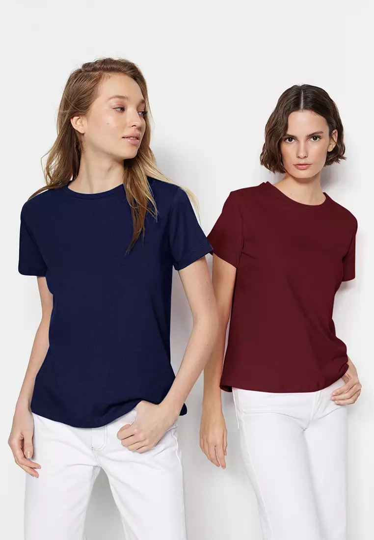 Claret Red-Navy Blue Basic Crew Neck 2-Pack Knitted T-Shirt