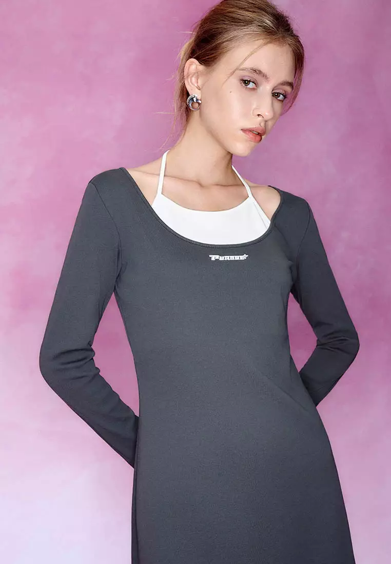 女装美式复古纯欲风撞色印花绑带连衣裙