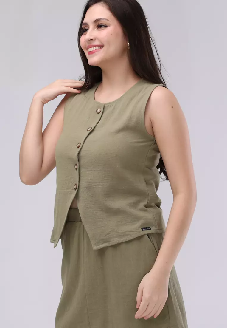 Woven Cotton Wrinkle Sleeveless Blouse Terno Skort