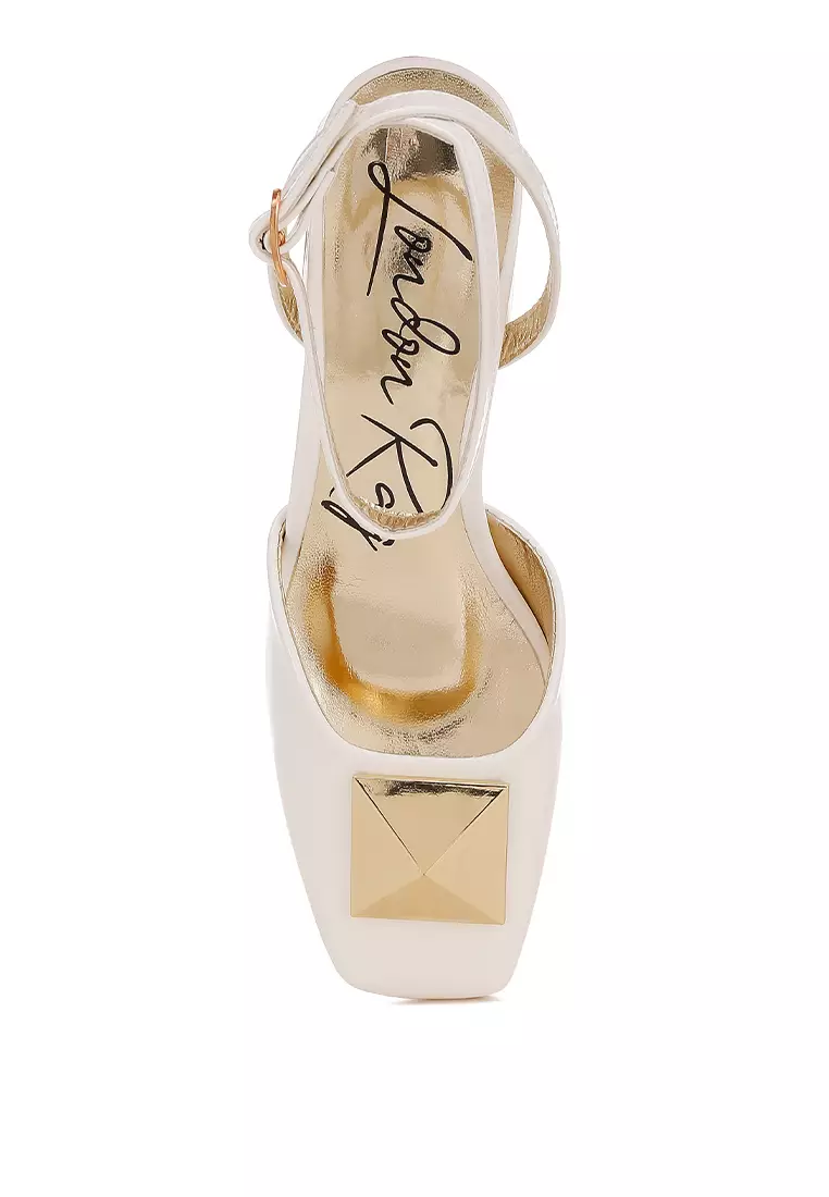 Brooch Detail Ankle Strap Sandals in Off White