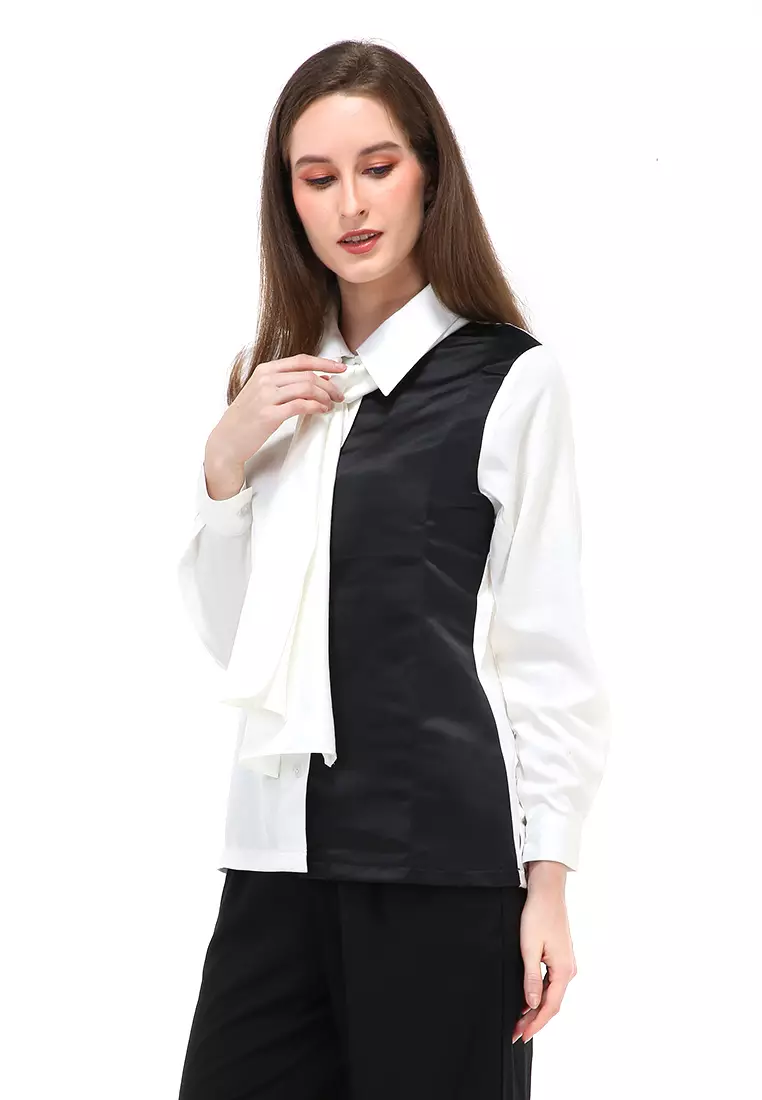 Caliya Blouse Long Sleeves Wanita Motif Polos Atasan Wanita Casual - Black