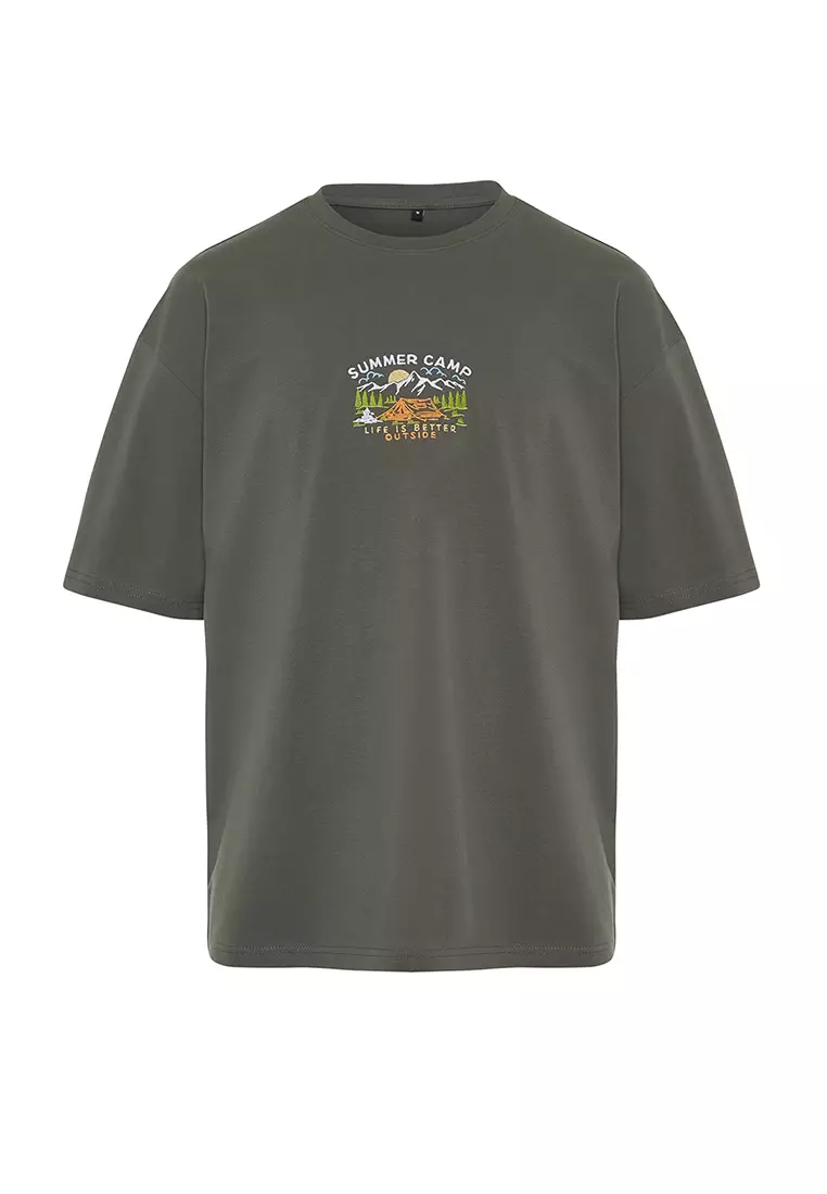 Anthracite Oversized/Wide Cut Short Sleeve Landscape Embroidered T-Shirt