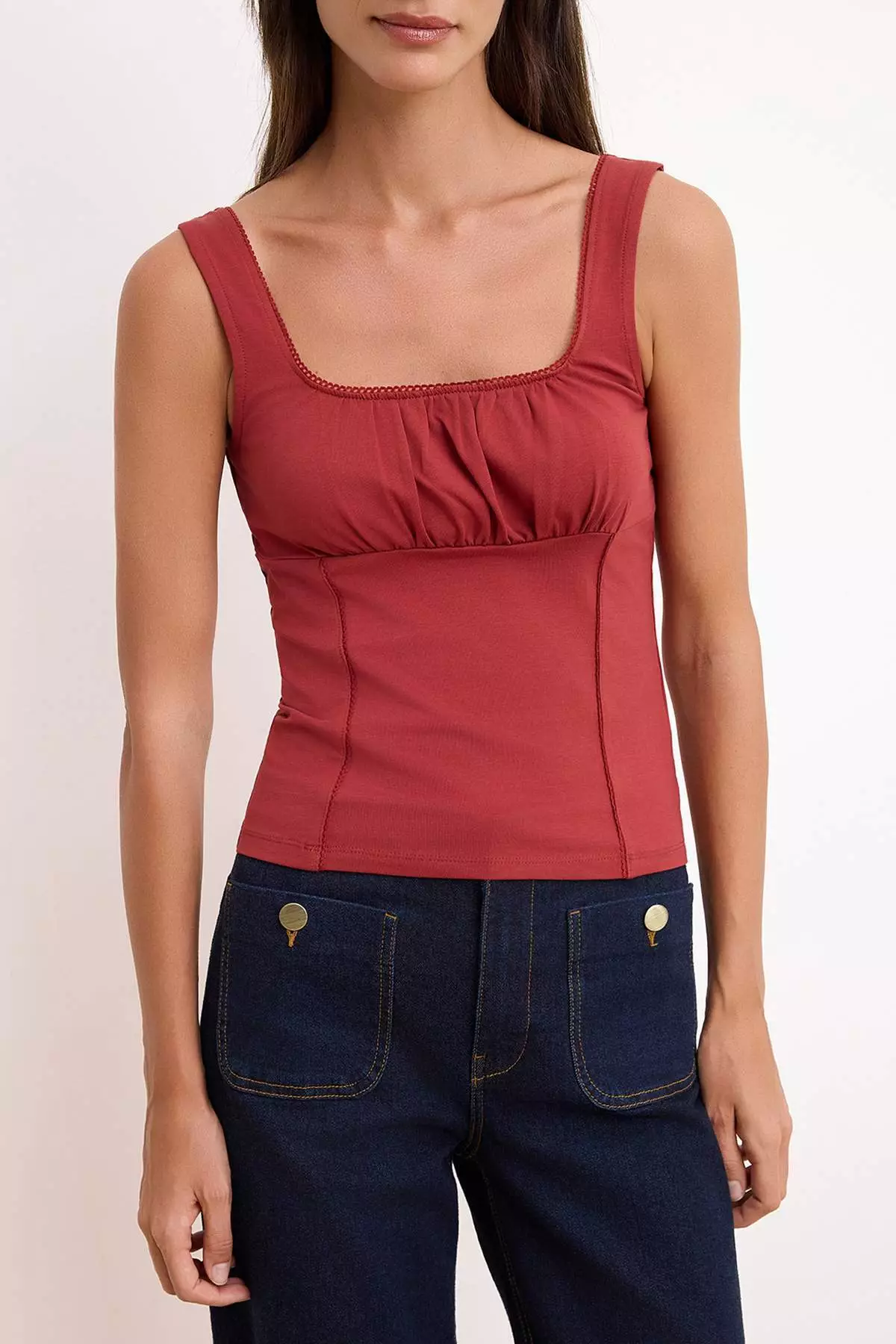 Tile Fitted/Square Neck Thick Strap Sleeveless Cotton Stretch Knitted Undershirt Twoss26Al3