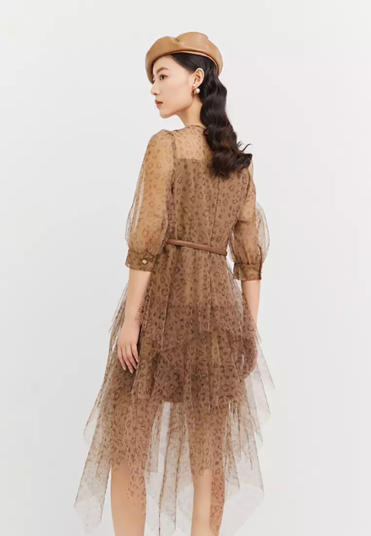 V-Neck Layered Flare Tulle Dress with Belt