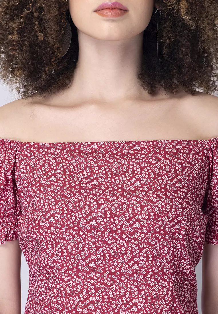 Red Floral Smocked Off Shoulder Top