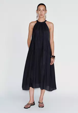 a line long dress with sleeves Wedding Satin Bow Back Full Length collar Black Mesh Maxi Dress Style:Pink+Blue - Back Order