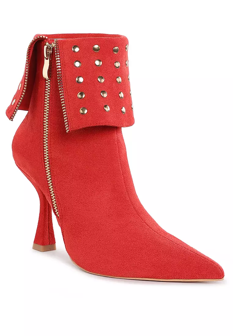 Stud Embellished Foldover Boots in Red
