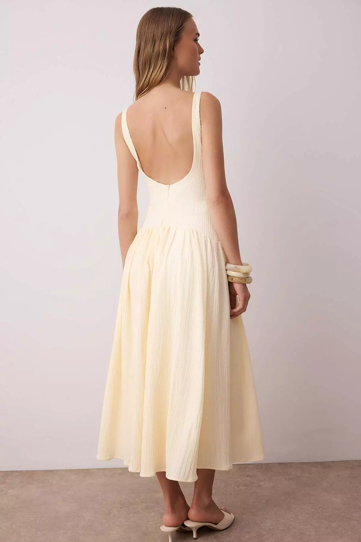 Cream Special Fabric Corset-Look Backless Woven Skirt Wide Midi Dress