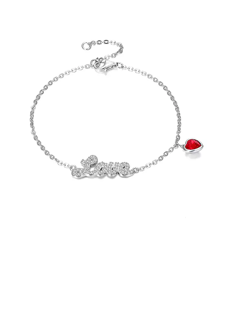 925 Sterling Silver Simple Romantic Letter Love and Red Heart Bracelet with Austrian Element Crystal