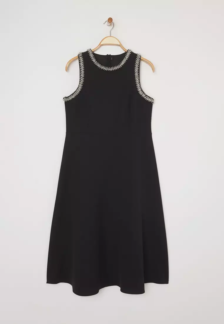 Black Stoned Sleeveless Midi Length A-Line Woven Evening Dress/Night/Graduation/Engagement Dress Tbbss25Ah00053