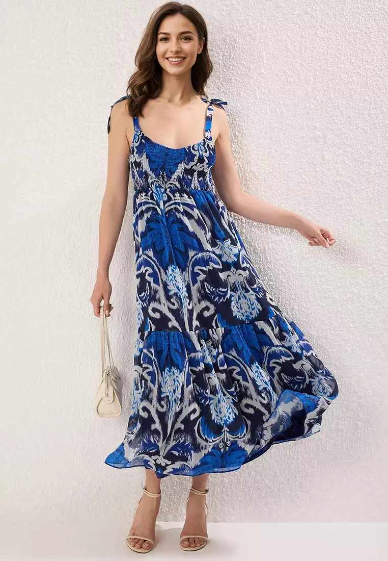 Navy Blue Paisley Pattern Skirt Waist Opening Gipeli Maxi Woven Dress Twoss25El00710