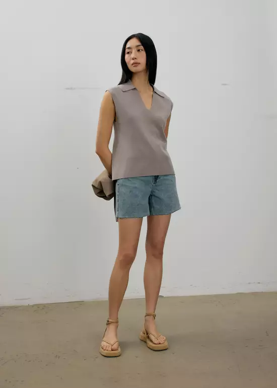 Atasan Wanita - Relaxed Collared Knit Top