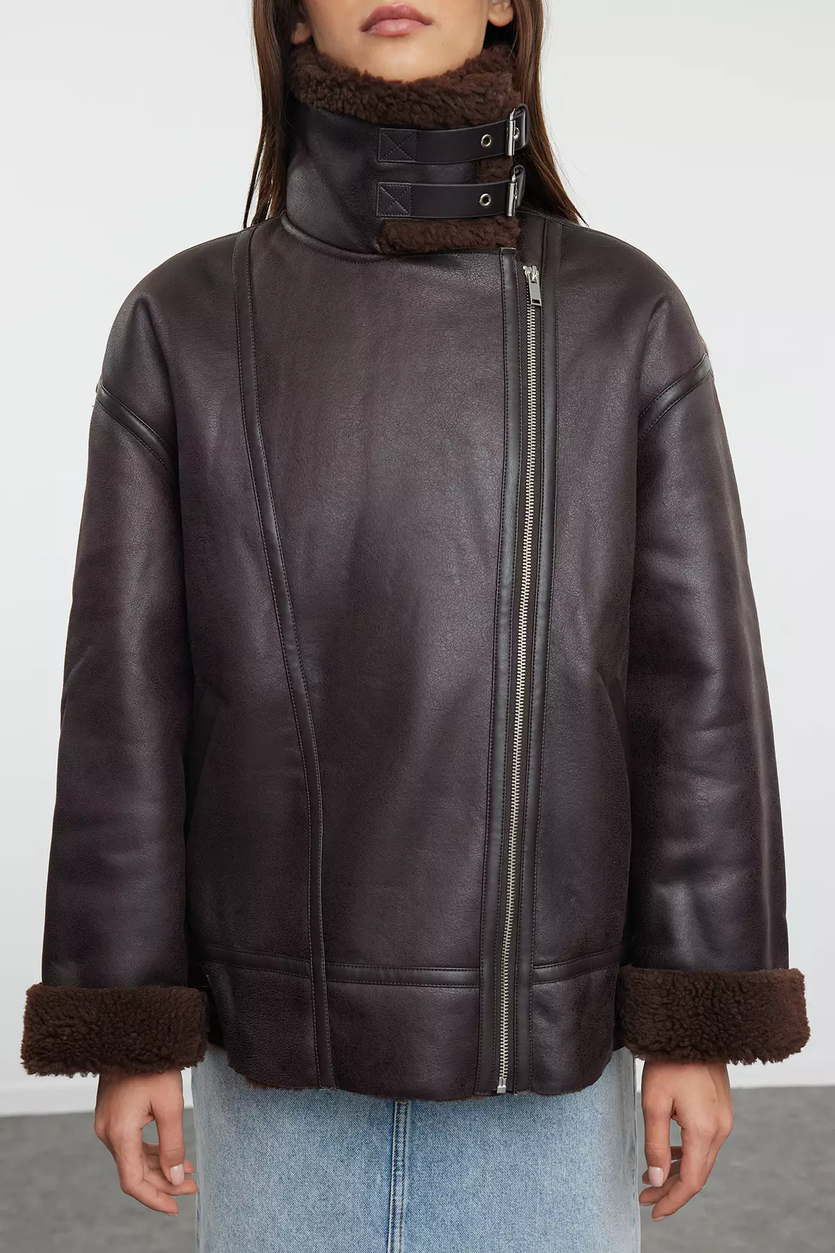 Dark Brown Regular Fit Collar Belt Detailed Plush Suede Biker Jacket Coat Twoaw25Mo00011