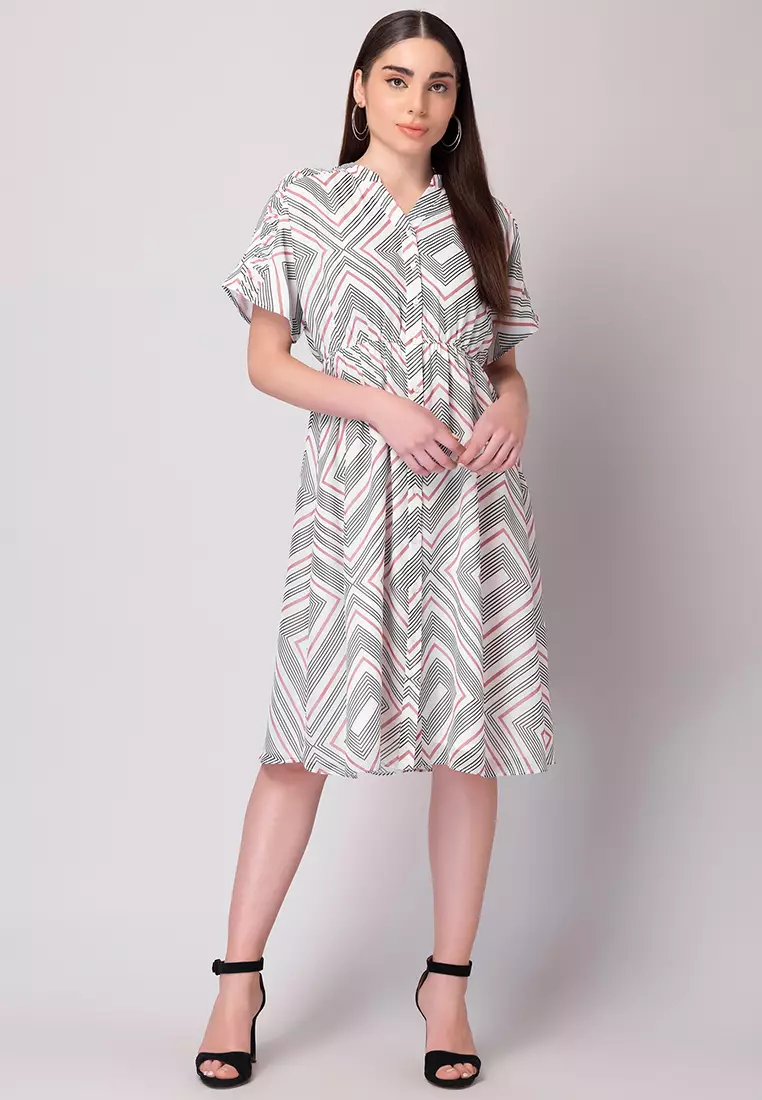 FabAlley White Geometric Print Shirt Dress With Belt 2024 Buy