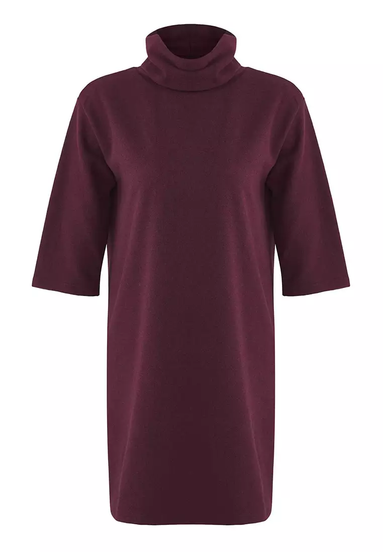 Plum Turtleneck Shift/Plain Mini Selanik Long Sleeve Knitted Dress