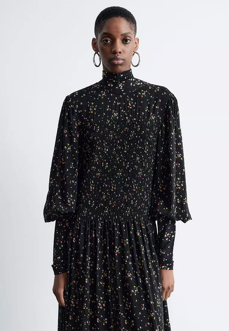 Smocked Balloon-Sleeve Midi Dress