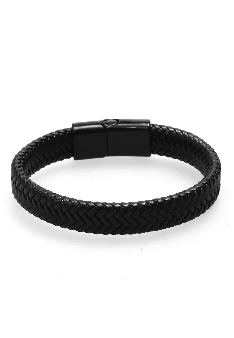 Aleda Gelang Kasual Pria Aksesoris Fashion Adjustable Strap Desain Kepang Material Leather ORIGINAL - Black