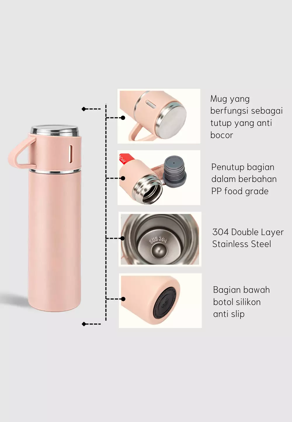 Wakakids Botol Minum Termos Cangkir Set Vacuum Flask Gift Set Hampers Tumbler Stainless Steel Panas Dingin 500ML 4In1 Venhs Hijau