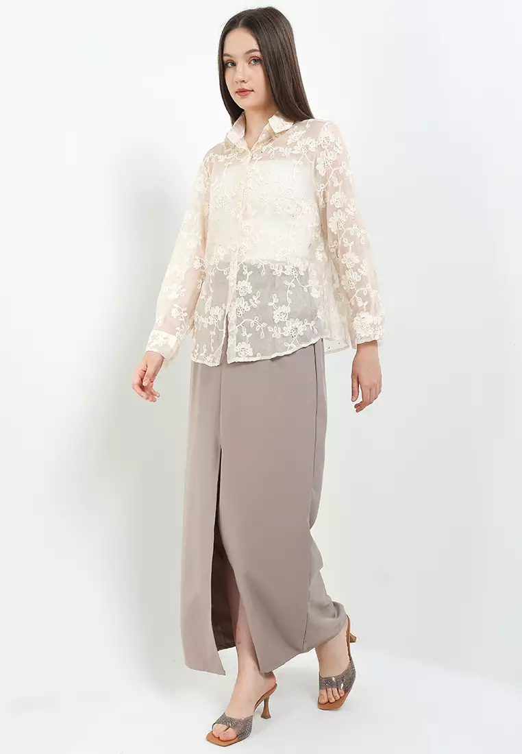 L/S Flo Emb Sheer Shirt W/ Studs