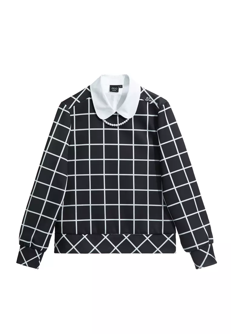 Long Sleeve Checkered Top With Detachable Collar