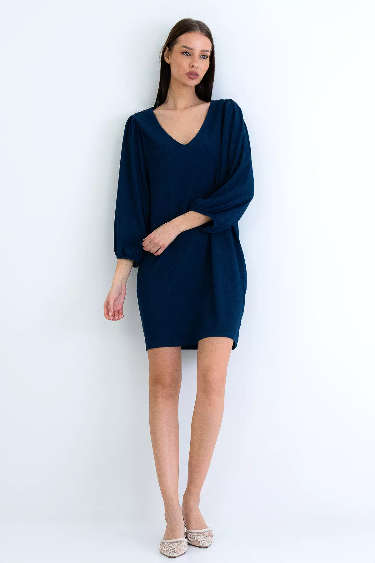 Navy Blue V-Neck Princess Sleeve Wrap Mini Dress Alc-X15160