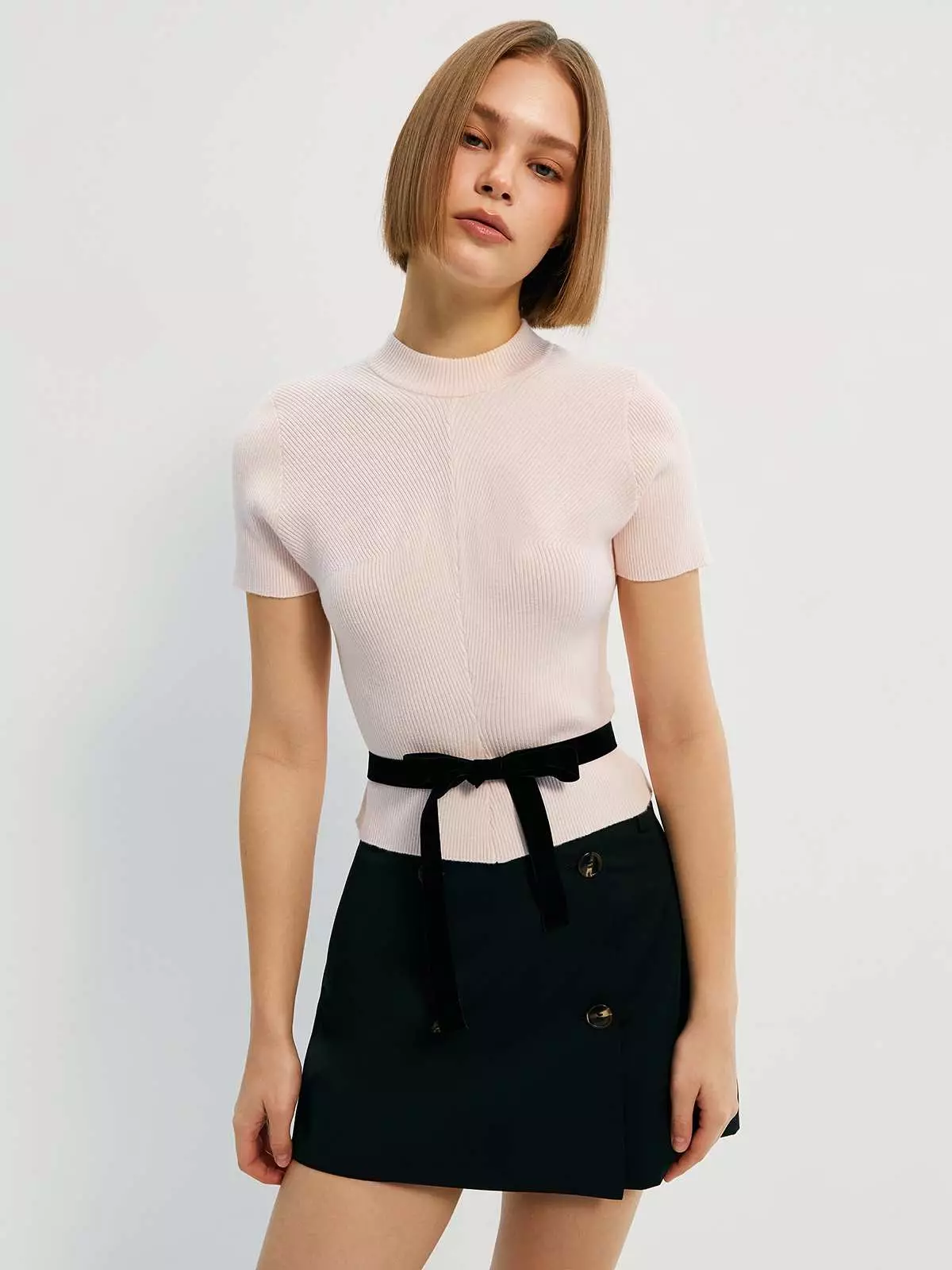 Mock Neck Knit Top with Ribbon Details - Light Pink