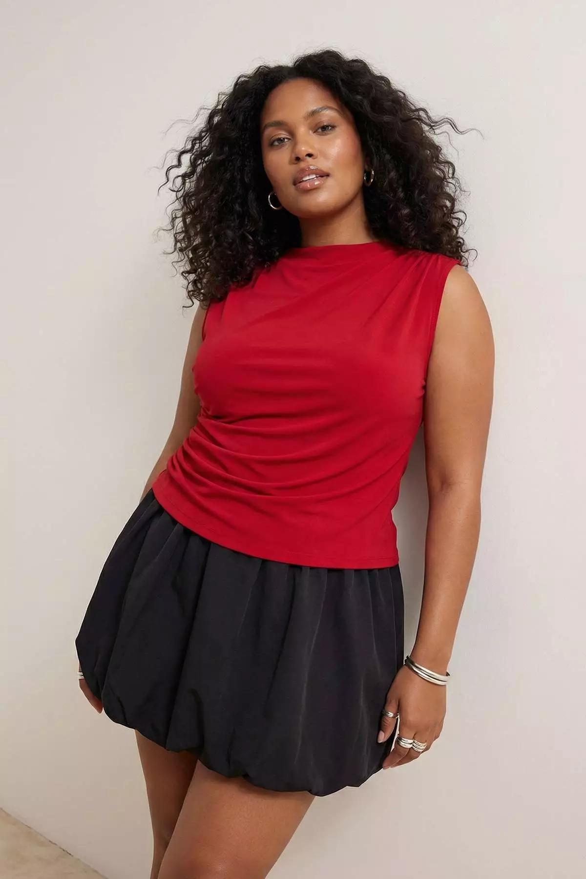 Red Mock Neck Ruched Detail Sleeveless Knitted Large Size Blouse Tbbss26Af00065