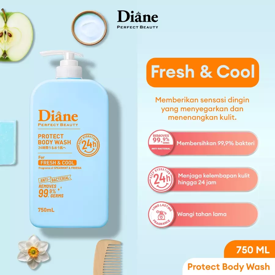 Diane Protect Body Wash For Fresh & Cool 750ml – Sabun Mandi Cair Sensasi Dingin Untuk Kulit Berminyak