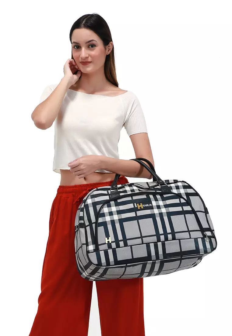 Semply Tas Travel Jinjing Bag 20 Inch Grid Motif Large Compartment Material Leather Kulit ORIGINAL - Black Grey