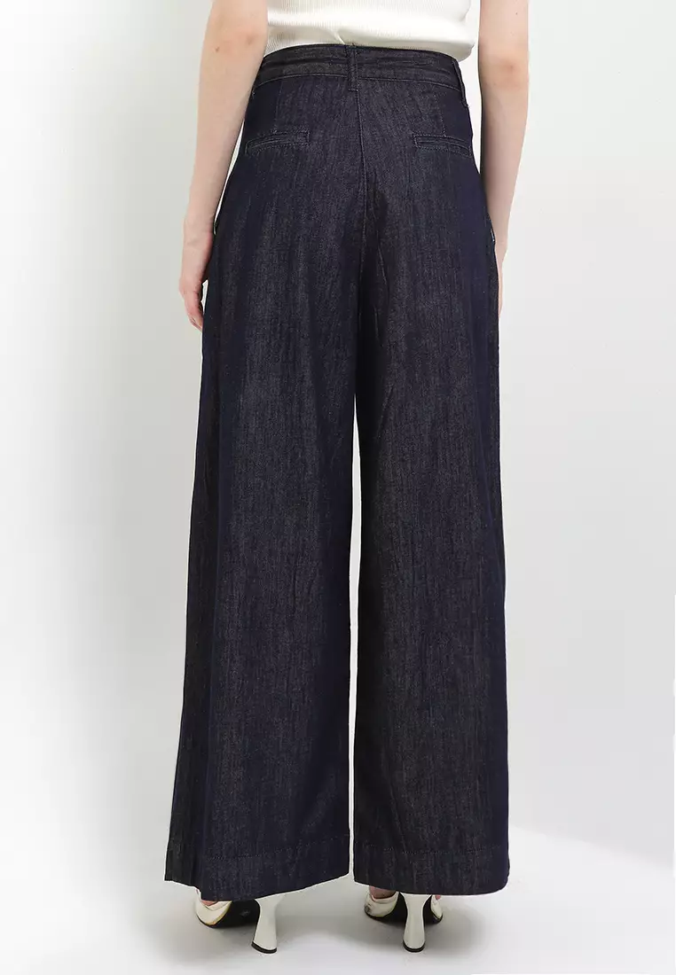 Inverted Side Pleats Wide Legs Denim Trousers W/ Pocked
