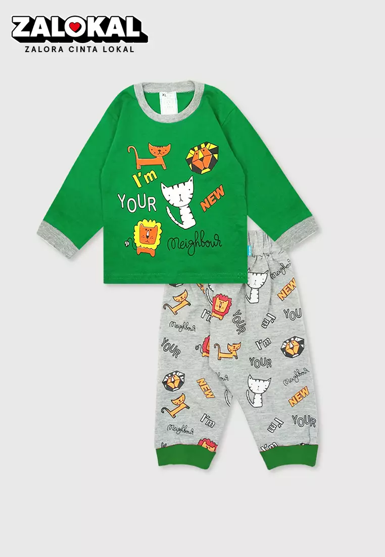 Wakakids Setelan Bayi Baju Lengan Panjang Anak Usia 12 Bulan Hingga 18 Bulan Set Piyama Baju Tidur Motif Cat Meow 3326 Hijau