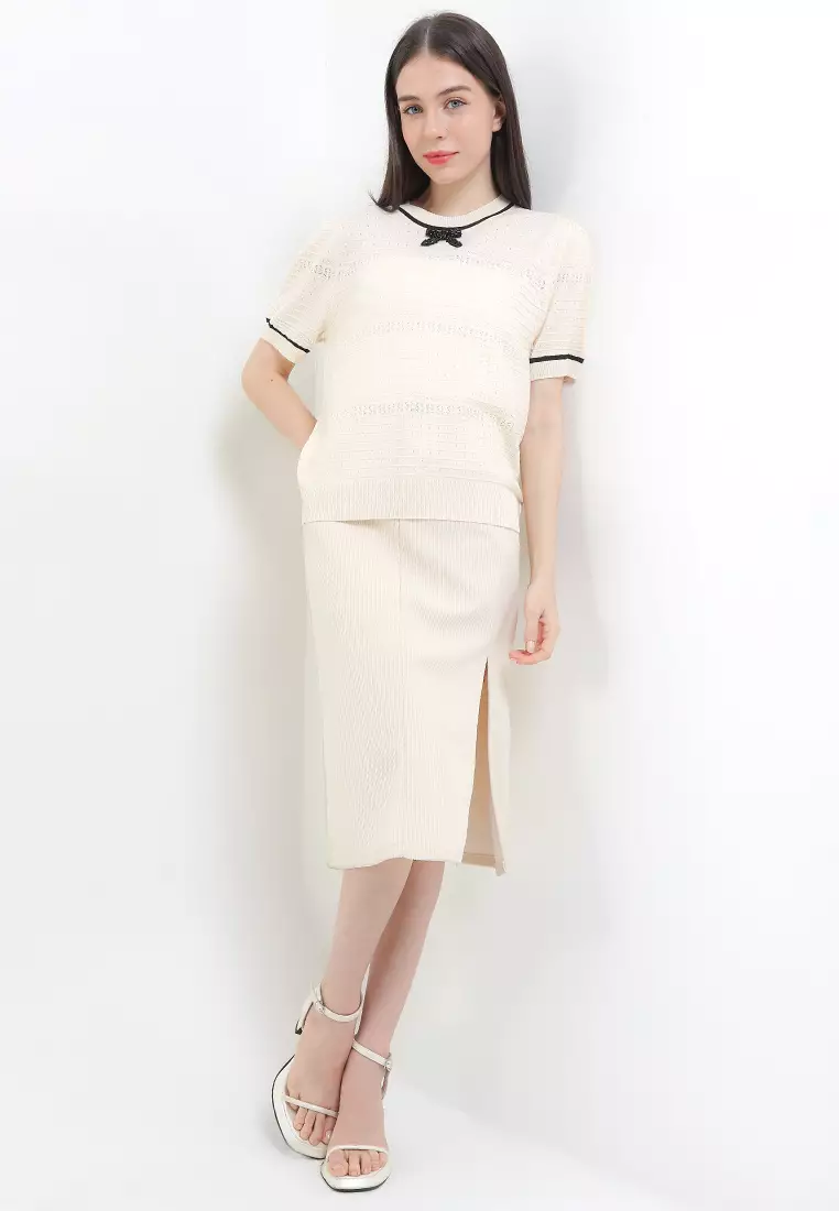 S/S Pointelle Knit Blouse With Beaded Bow