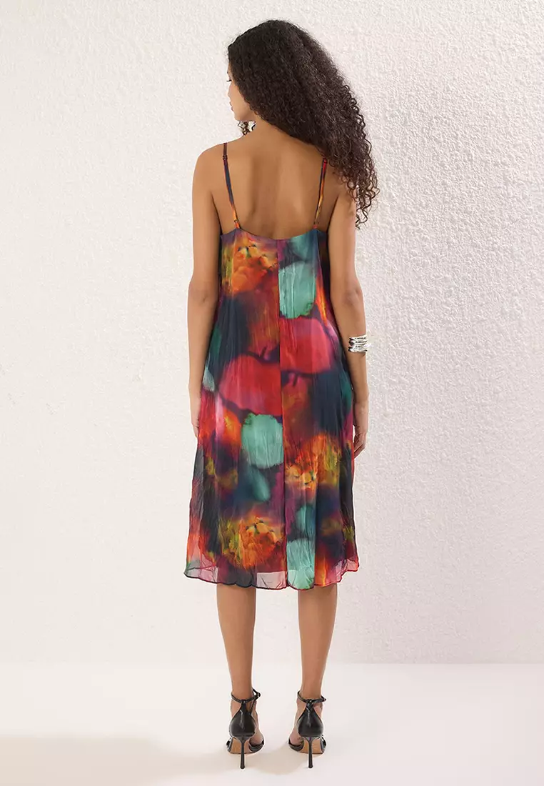 Multi-Colored Straight Cut Abstract Pattern Midi Woven Chiffon Lined Dress Twoss25El00806